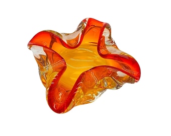 Vintage Vivid Bright Orange Murano Rolled Edge Art Glass Bowl MCM