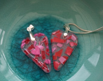 Red and pink ocean plastic sterling silver domed heart studs valentines gift