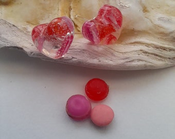 Red and pink ocean plastic sterling silver domed heart studs valentines gift