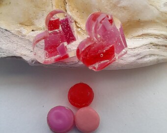 Red and pink ocean plastic sterling silver domed heart studs valentines gift