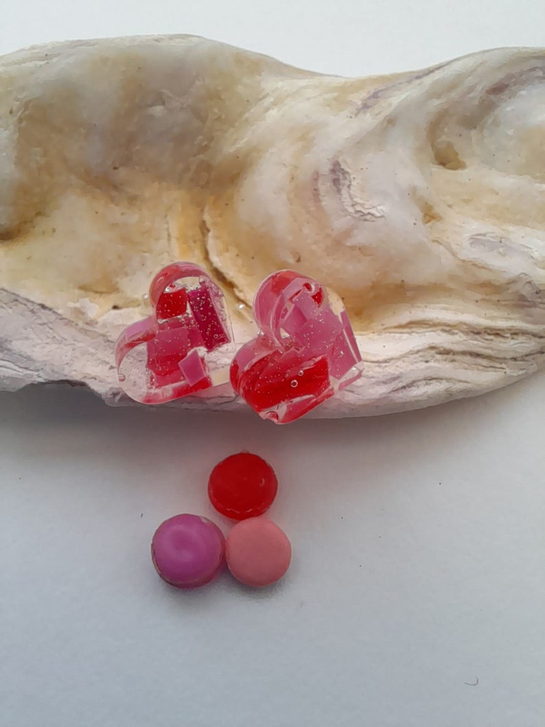 Red and pink ocean plastic sterling silver domed heart studs valentines gift