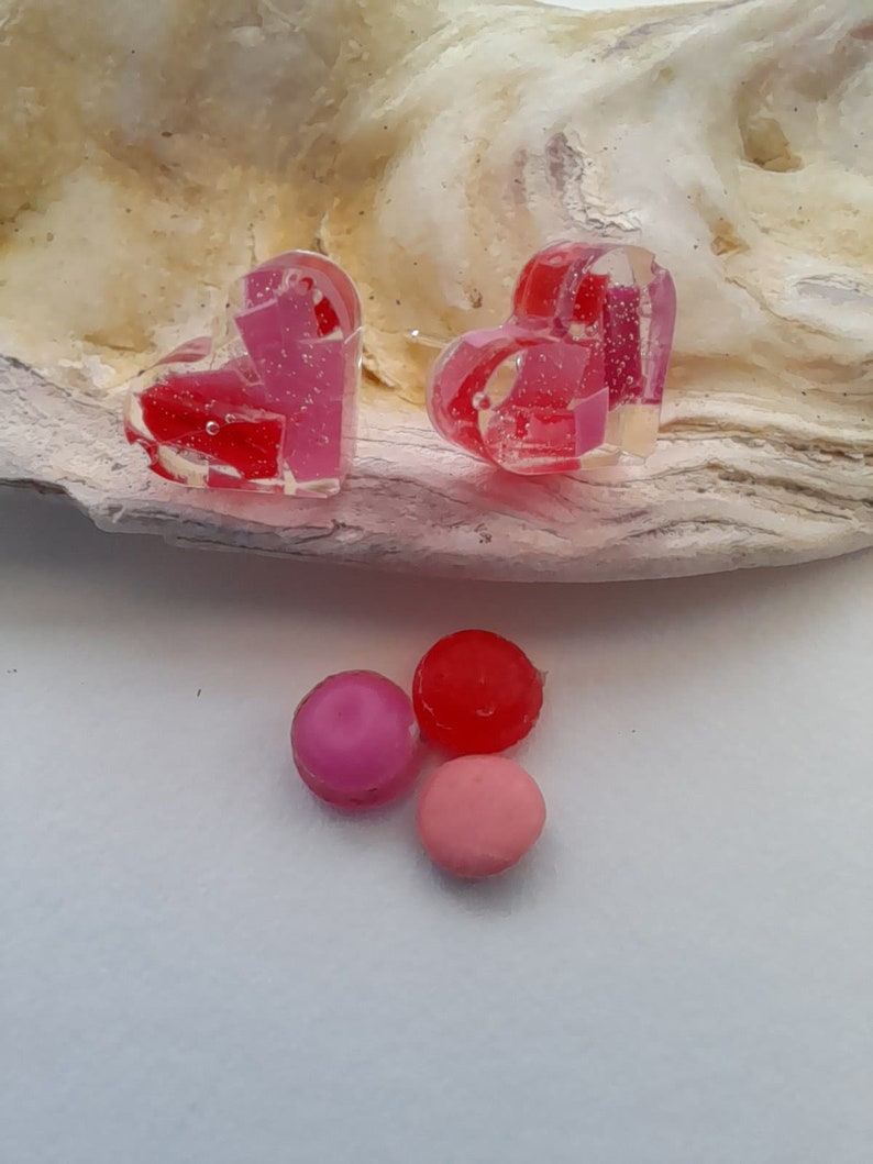 Red and pink ocean plastic sterling silver domed heart studs valentines gift