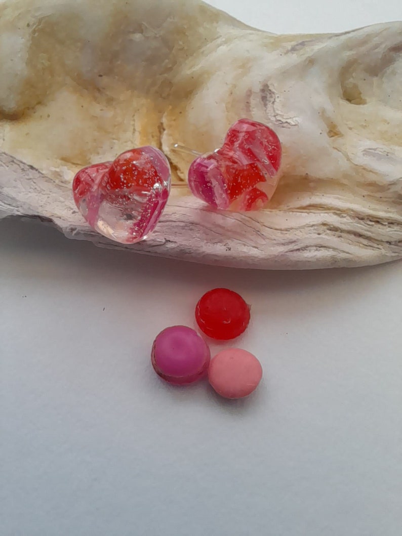 Red and pink ocean plastic sterling silver domed heart studs valentines gift