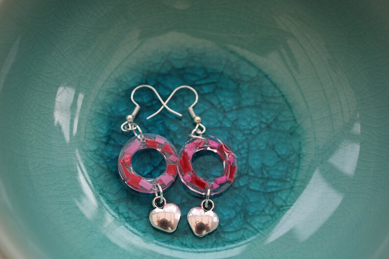 Unique ocean plastic marine debris red and pink drop rectangle valentines resin earrings