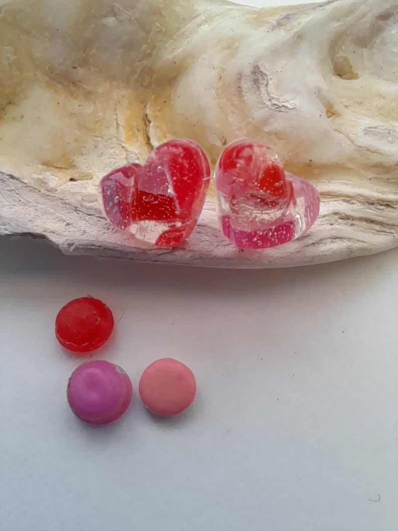 Red and pink ocean plastic sterling silver domed heart studs valentines gift