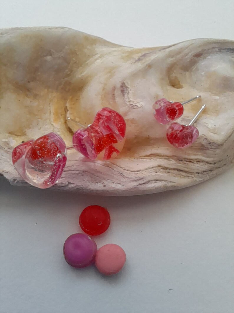Red and pink ocean plastic sterling silver domed heart studs valentines gift