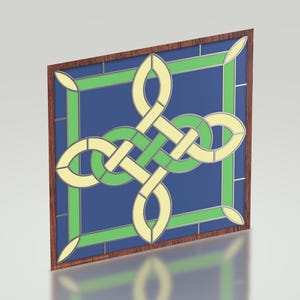 May include: A stained glass window with a Celtic knot design. The knot is made of yellow, green, and blue glass. The window is framed in wood.