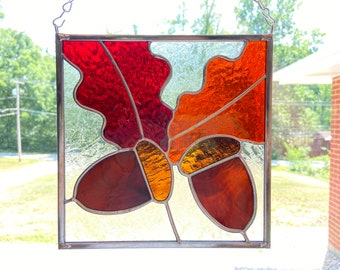 Acorns and Oak Leaves Stained Glass Pattern - 8" x 8" Full Scale Digital Download