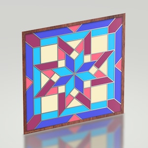 Puede incluir: Un diseño de vitrales geométricos enmarcado con un esquema de color azul, rosa y crema. El diseño presenta un patrón de estrella con un contorno plateado.