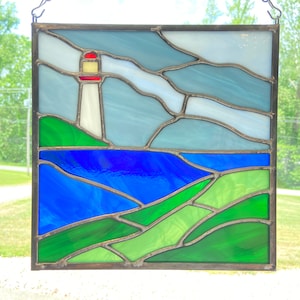 Lighthouse Scene Stained Glass Pattern - 8&quot; x 8&quot; Full Scale Digital Download