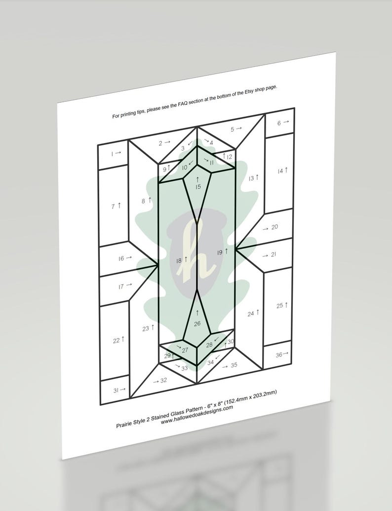 K&ouml;nnte beinhalten: Ein schwarz-wei&szlig;es Bleiglasmuster f&uuml;r ein Prairie Style 2 Design. Das Muster ist 6 Zoll mal 8 Zoll (15,24 cm x 20,32 cm) gro&szlig;.