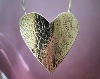 Large Sterling Silver Heart Shaped Pendant, Rolling Milled, Embossed Lace Texture, Handmade, Artisan Jewellery, Special Gift