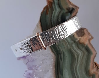 Sterling Silver Bracelet, Hammered Belt Design, Faux Buckle, 14K Gold Accent, Unique Design, Artisan Jewellery, Special Gift, Size Medium