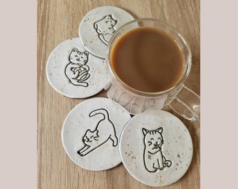 Clay coasters cute cats, set of 4