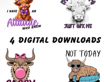 4 Highland Cow with Sayings Downloads