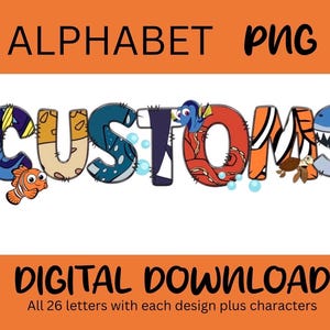 Op de afbeelding: Digitale download van Alphabet PNG met aangepaste letters. Het woord "CUSTOMS" is geschreven in kleurrijke letters met zeedierontwerpen. De afbeelding bevat de tekst "DIGITALE DOWNLOAD" en "Alle 26 letters met elk ontwerp plus tekens."
