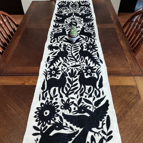 Black Color Mexican shops Otomi Tenango embroidery Table Runner