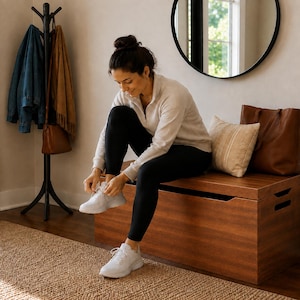 May include: A light beige quarter-zip pullover, black leggings, and white athletic sneakers. The pullover features a high collar with a zipper, long sleeves, and a fitted silhouette. The leggings are ankle-length, and the sneakers have white laces.