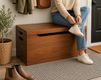 Entryway Storage Chest, Wooden Shoe Storage Box, Mudroom Bench, Fully Assembled, Entryway Bench, Hallway Storage Trunk, Walnut, 30”