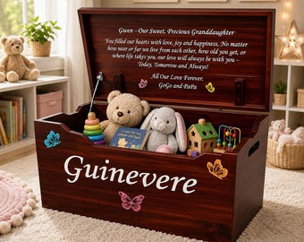 Personalized Wooden Toy Box - Solid Wood Toy Chest - Free Engraved Name & Message - Fully Assembled - Mahogany Finish