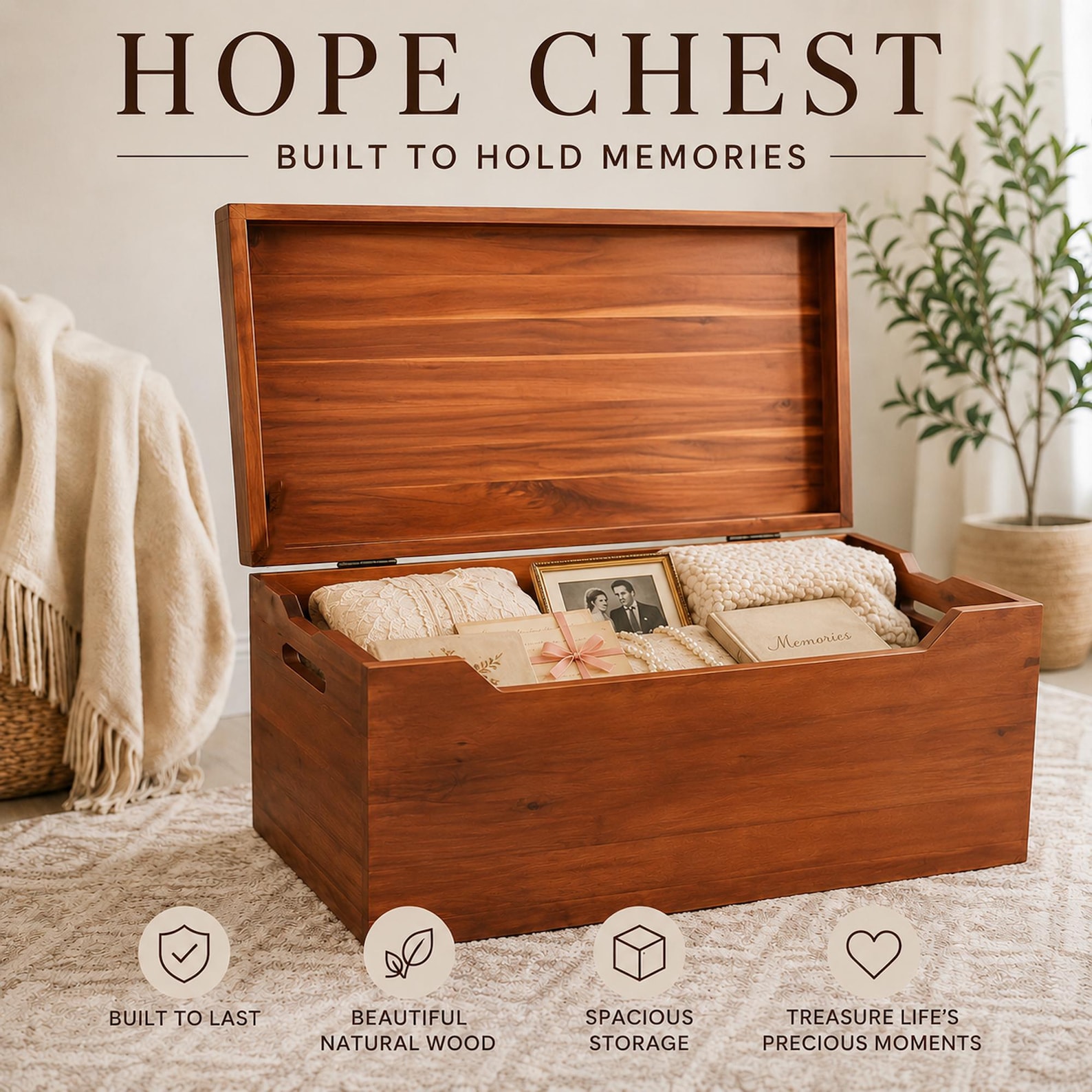 Hope Chest, Wooden Keepsake Box, Memory Storage Trunk, Solid Wood Heirloom Chest, Fully Assembled, Walnut - 30”