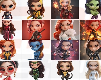 16 superhéroes chibi bebés, PNG, SVG, EPS, imágenes prediseñadas realistas de superhéroes de los Vengadores A-Force, superhéroes, niños superhéroes, diseños de superhéroes