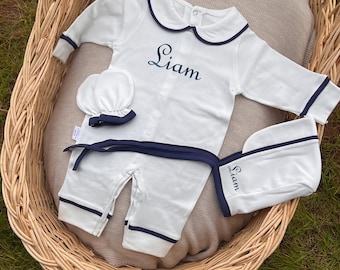 Classic Striped Baby Boy Romper Bonnet Set with Mittens Personalized Name Embroidery, Organic Cotton Comfort Everyday Wear Special Occasions