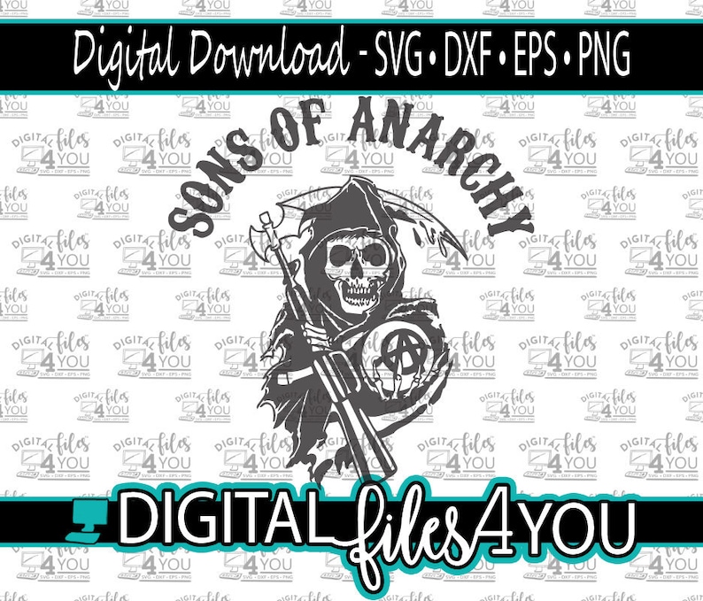 May include: Black and white illustration of a Grim Reaper holding a scythe and an anarchy symbol. The text "Sons of Anarchy" is written in a circle around the Grim Reaper.