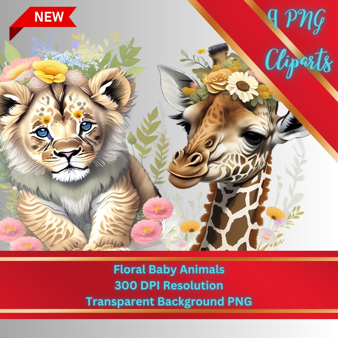 Set of 9 Floral Baby Animals Cliparts PNG Format Instant - Etsy