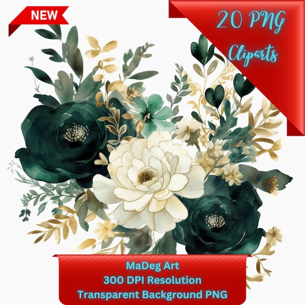 20pcs Dark Emerald and Gold Floral Clipart Set PNG format instant download for commercial use