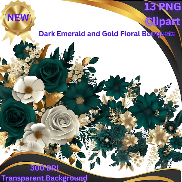 Set of 13 Dark Emerald and Gold Floral Cliparts, PNG format instant download for commercial use