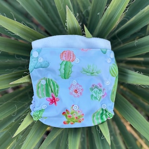 May include: A light blue cloth diaper with a cactus and succulent print. The diaper has white snaps and a white fleece lining.