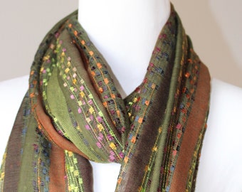 Autumn Olive Green and Browns Stripy Scarf, Fair Trade