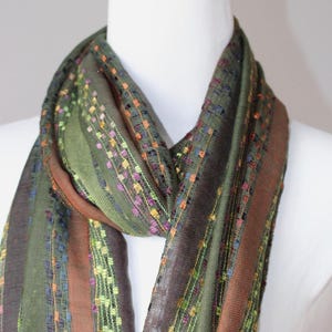 Autumn Olive Green and Browns  Stripy Scarf, Fair Trade