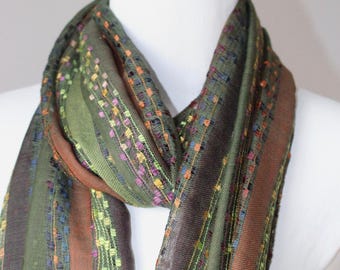 Autumn Olive Green and Browns  Stripy Scarf, Fair Trade