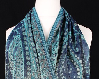 Paisley Silk Scarf: Turquoise & Navy Woven Jamawar Neck scarf