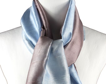 Light Blue Taupe Raw Silk Scarf - Hand Loomed Thai Silk