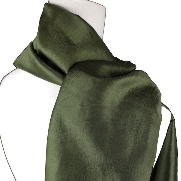 Olive Green Silk Scarf, Raw Thai Silk, Neck Scarf Size