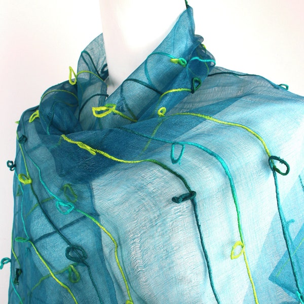 Sheer Turquoise Silk Organza Shawl Wrap Pashmina Stole Scarf. Fair Trade. Wedding, Evening and Occasion wear. Hand loomed