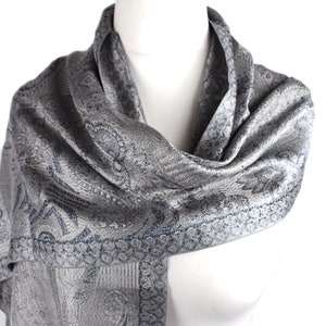 Silver Grey  Silk Jamawar Scarf  Casual or Formal.  Pure Silk Neck scarf size (12"/35cm wide)