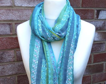 Light Turquoise/Blue/Green Stripy Scarf, Casual Shawl, Pashmina, Head Scarf, Wrap, Fair Trade