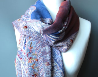 Embroidered Merino Wool Pashmina Shawl: Blue, Orange, Burgundy Paisley Floral Scarf