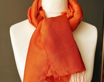 Vibrant Orange Raw Silk Neck Scarf, Hand Loomed