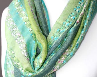 Lime Green/Pistachio Stripy Viscose Scarf, Lightweight Wrap, Fair Trade