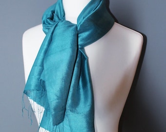 Turquoise Raw Silk Scarf: Hand-Loomed Thai Neck Scarf