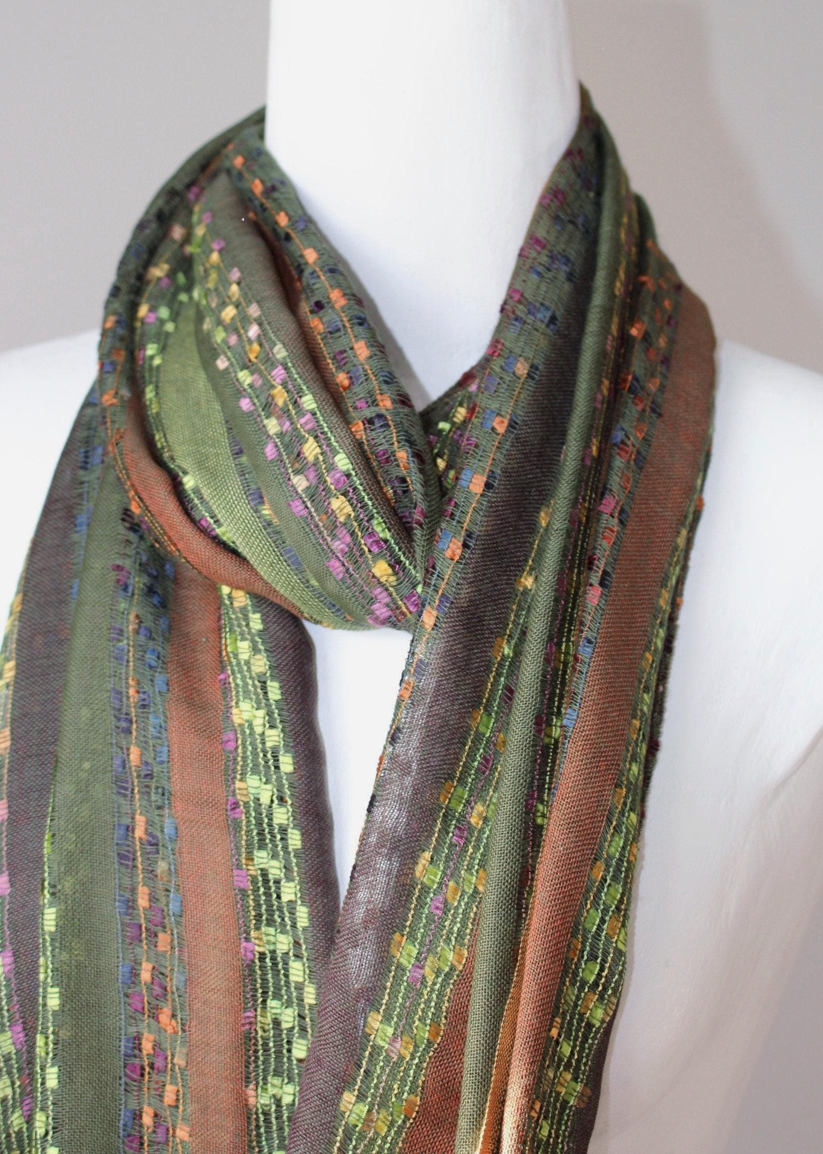 Autumn Olive Green and Browns Stripy Scarf, Fair Trade - Etsy