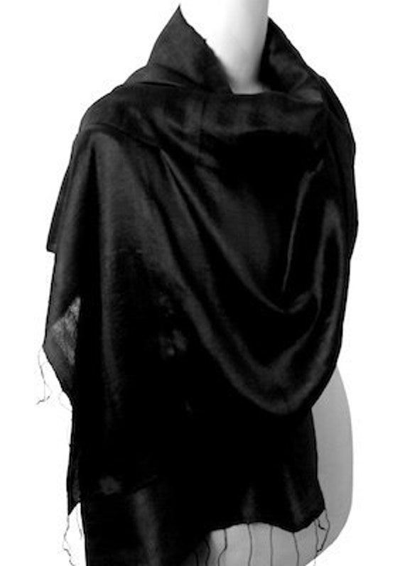 Black Silk Shawl Wrap Scarf Pashmina Head Scarf. Hand Loomed Raw Silk