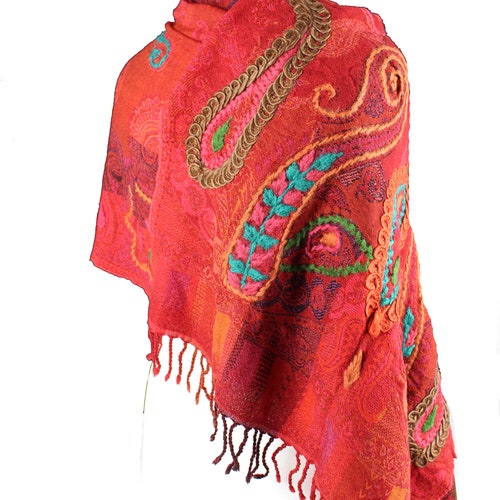 Hand Embroidered Red Pure Wool selling Pashmina, Shawl, Wrap, Stole, Scarf.