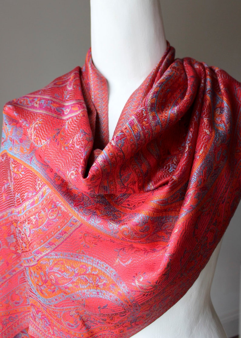 Red Silk Wrap/Shawl or Scarf Paisley Design. Jamawar Etsy