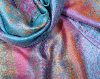 Turquoise Paisley Silk Scarf: Pink, Lilac & Orange Reversible Neck scarf size